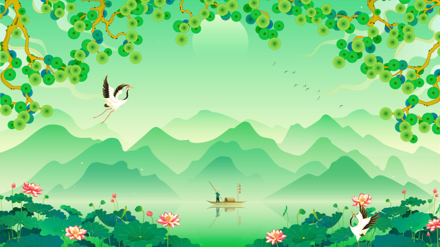 国风松鹤山水荷花图