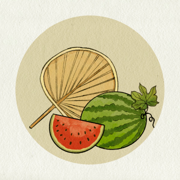 夏天水墨风西瓜蒲扇插画