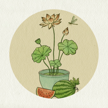 荷花西瓜夏日国风水墨插画