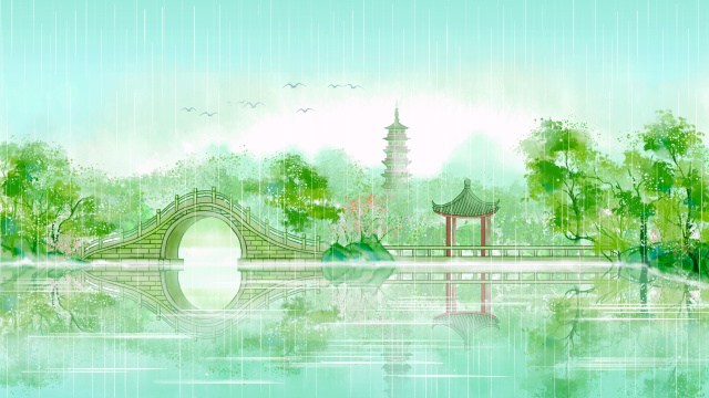 古风户外春天园林插画