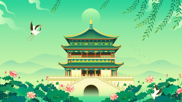 西安钟鼓楼夏季荷花柳叶国潮风插画