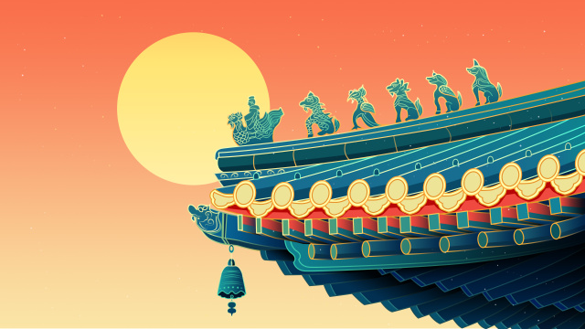 ：
古建筑屋檐神兽雕刻中国风插画