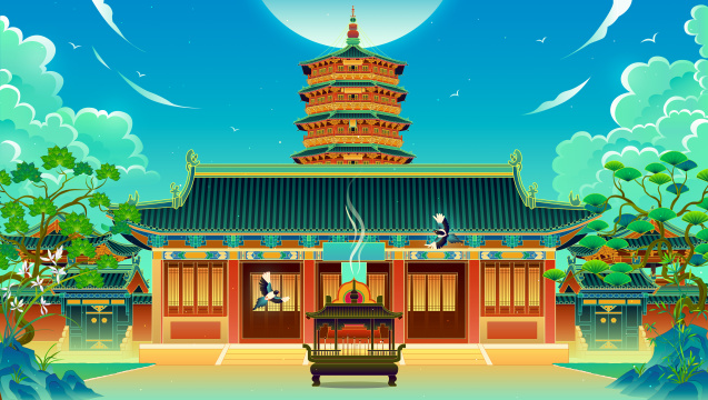 山西应县木塔古建筑国潮插画