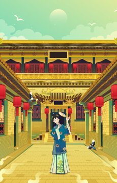 国潮风山西乔家大院晋商少奶奶插画