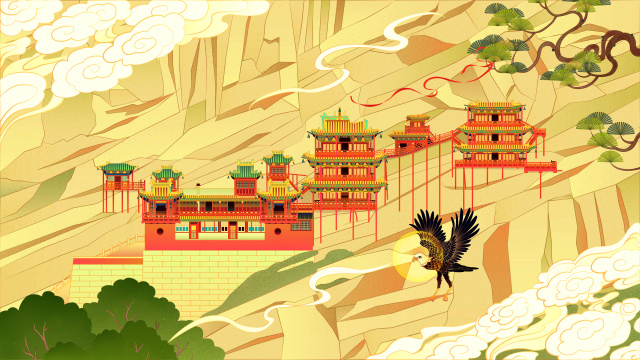 山西大同悬空寺国潮插画