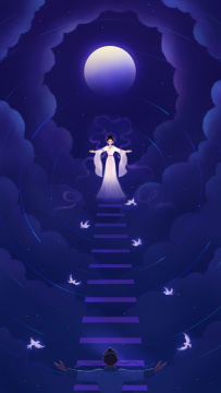 七夕牛郎织女相会唯美手绘插画