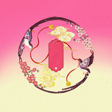 七夕情人节喜鹊桃花心愿牌国潮插画