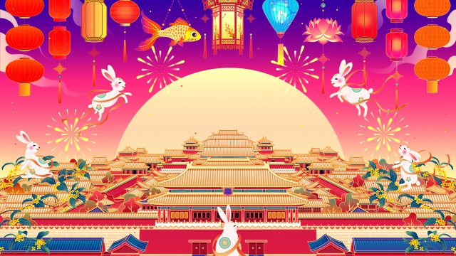 故宫中秋节玉兔灯笼桂花国潮插画