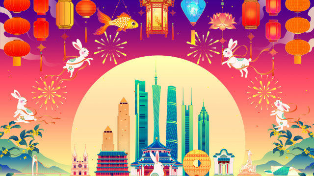 广州城市中秋桂花玉兔国潮插画