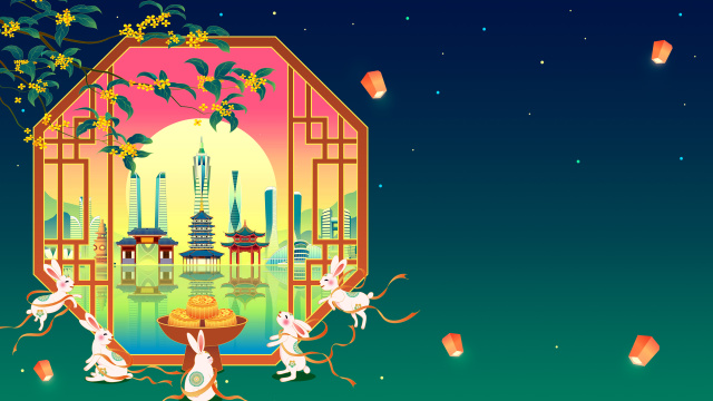杭州城市中秋节玉兔桂花树国潮插画