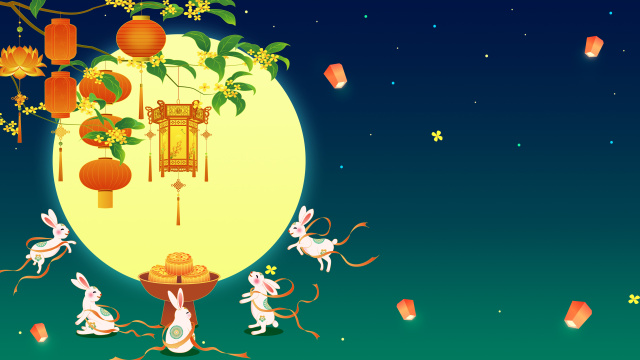 中秋节玉兔月饼灯笼桂花中国风插画