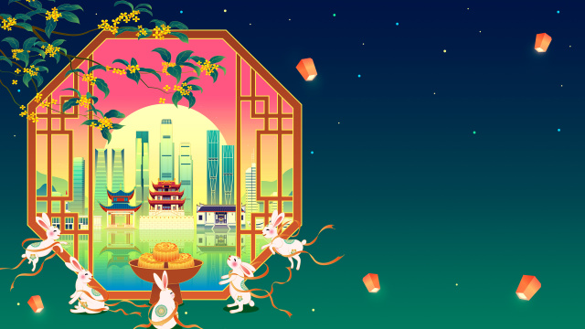 国潮长沙中秋节桂花玉兔月饼建筑插画