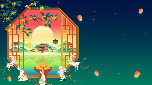 城市西安中秋玉兔飞天桂花国潮插画