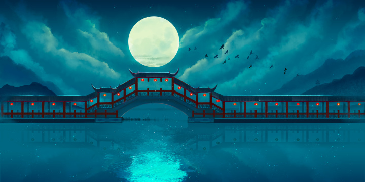 古桥明月中国风唯美水墨插画