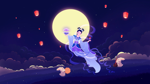 中秋嫦娥奔月手绘插画
