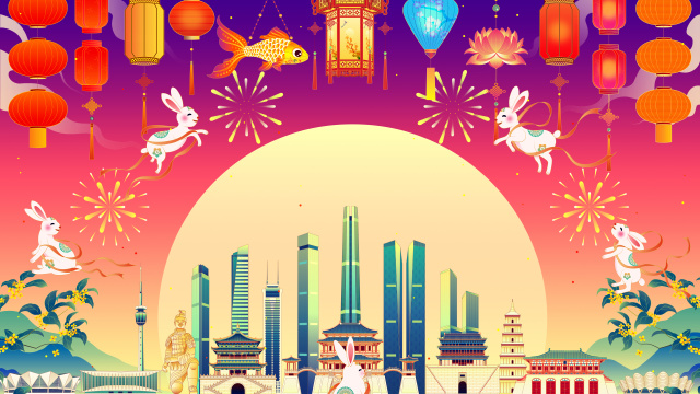 西安城市中秋桂花玉兔国潮插画