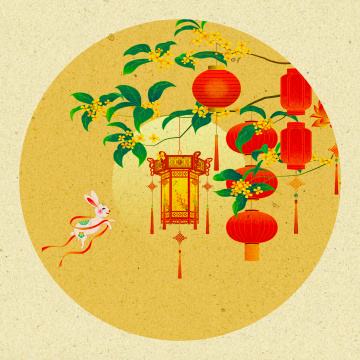 满月仙鹿山川中国风手绘插画