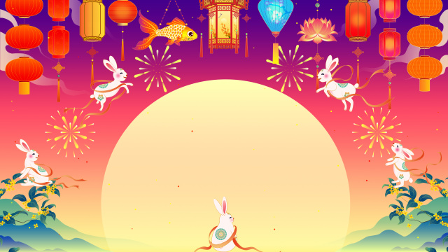 中秋节玉兔灯笼桂花满月国潮插画