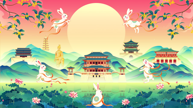 城市西安中秋玉兔飞天桂花国潮插画