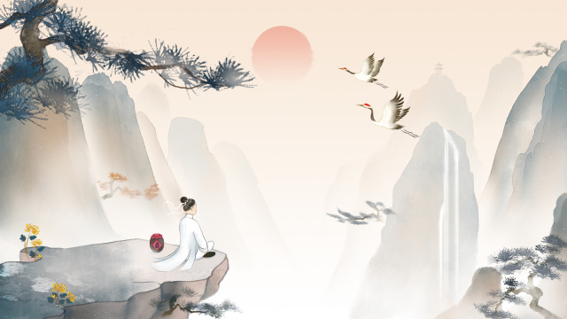 唯美山川悬崖中修炼中国风水墨画