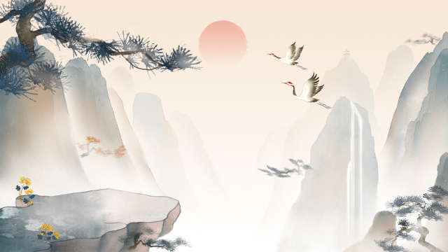 唯美山川悬崖松树中国风水墨画