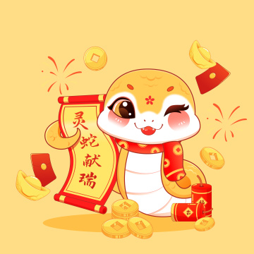 国潮风2025蛇年十二生肖巳蛇卡通形象矢量插画