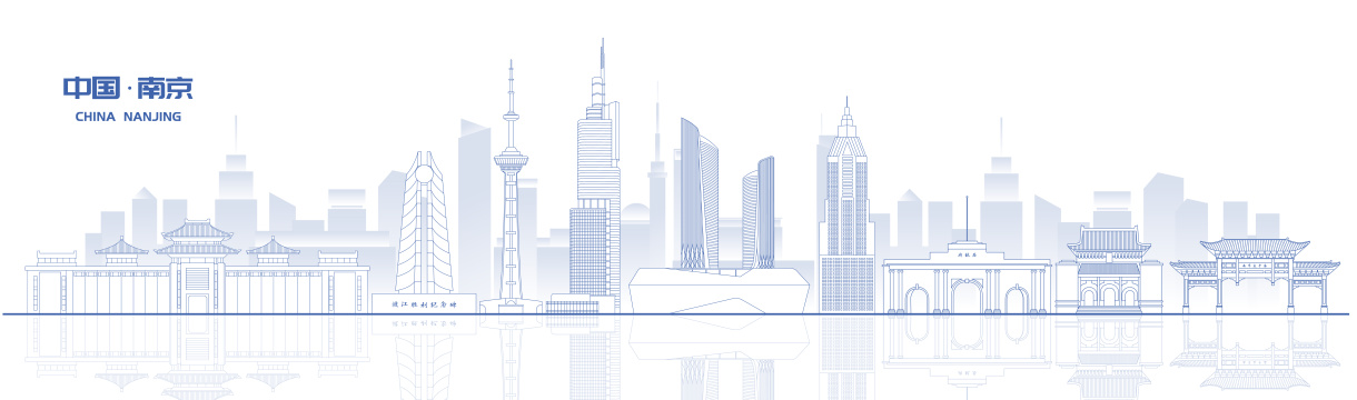 南京城市地标建筑蓝色线稿矢量插画海报