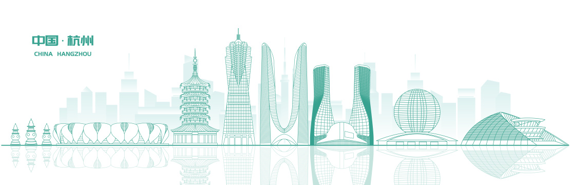 杭州城市地标建筑绿色线稿矢量插画海报