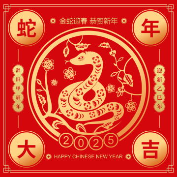 2025蛇年春节十二生肖巳蛇剪纸风格矢量插画海报