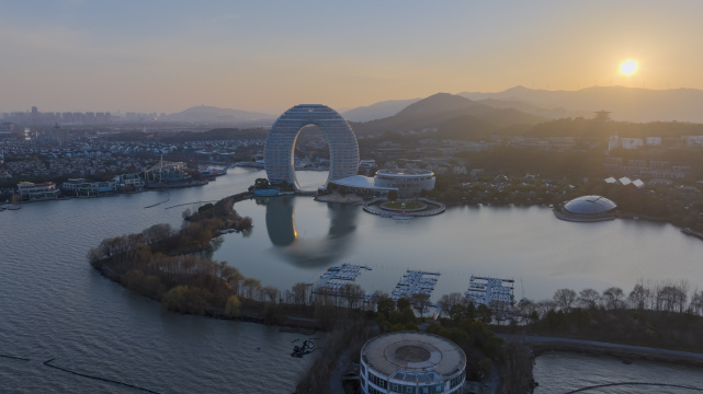 浙江湖州月亮广场月亮湾航拍