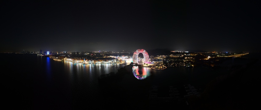 浙江湖州月亮广场月亮湾夜晚全景航拍
