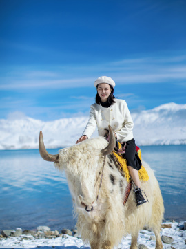 雪山湖泊蓝天白云美女骑着牦牛