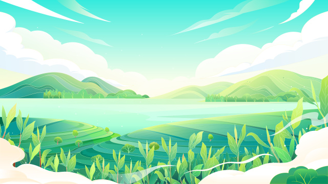 绿色健康的绿茶茶叶茶杯矢量国风插画