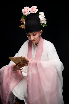 身着粤剧戏曲反串装扮手持竹简的青年女性