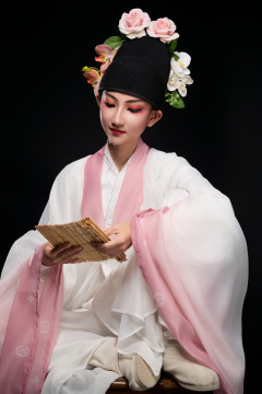 身着粤剧戏曲反串装扮手持竹简的青年女性