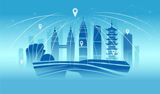 中国浙江绍兴市城市数据5G网络插画蓝色