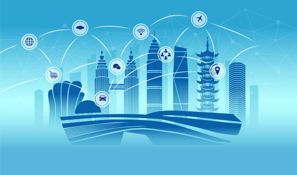 中国浙江绍兴市城市数据5G网络插画蓝色