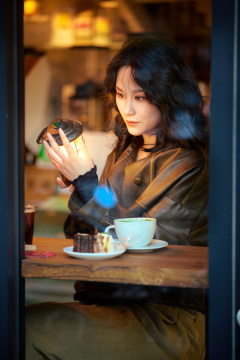 坐在咖啡店里享受咖啡下午茶的美女