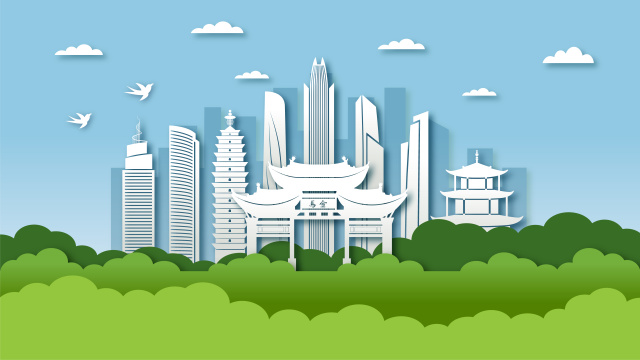 中国云南省昆明市城市景观剪纸风矢量插画