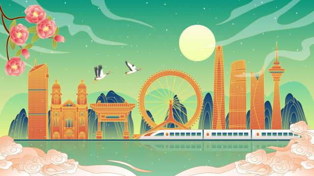 天津国潮风城市建筑矢量插画