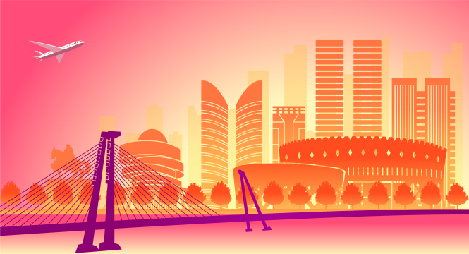 中国内蒙古鄂尔多斯市商务科技城市彩色插画