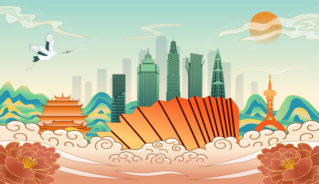 中国浙江温州市城市国风海报插画