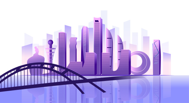 中国福建厦门市商务科技城市彩色插画