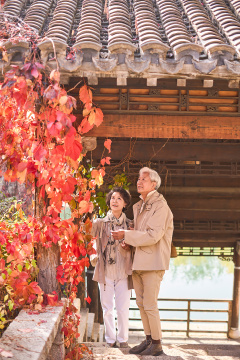 老年夫妇欣赏古镇的建筑和风景