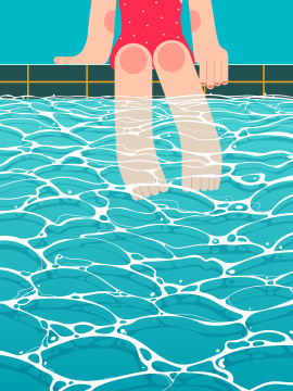 女孩坐在泳池旁边