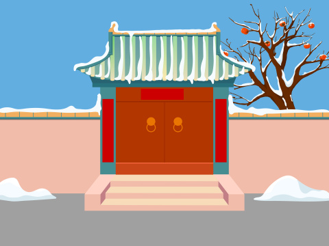 矢量古代建筑大门下雪