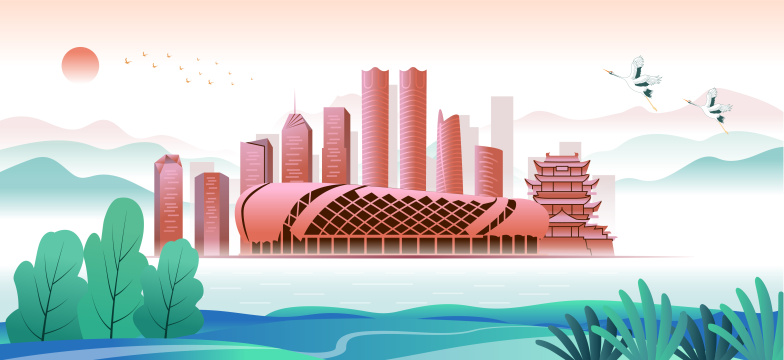 中国江西南昌市城市天际线国风清新插画