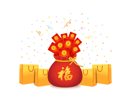 红色福袋里装满红包矢量UI插画