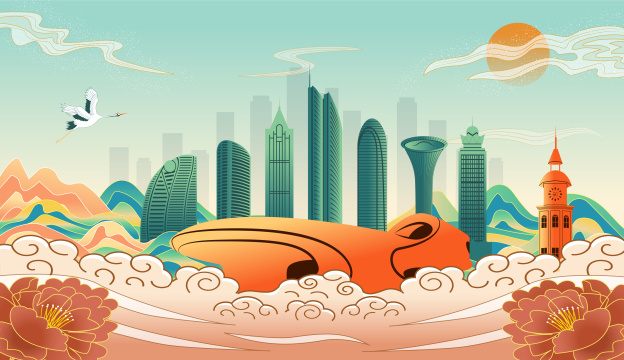 中国海南省海口市城市国风海报插画