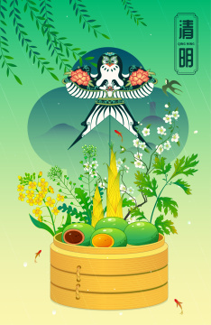 乡村田园春天风筝桃花油菜花国潮插画
